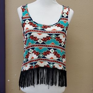 Printed tassled crop tank